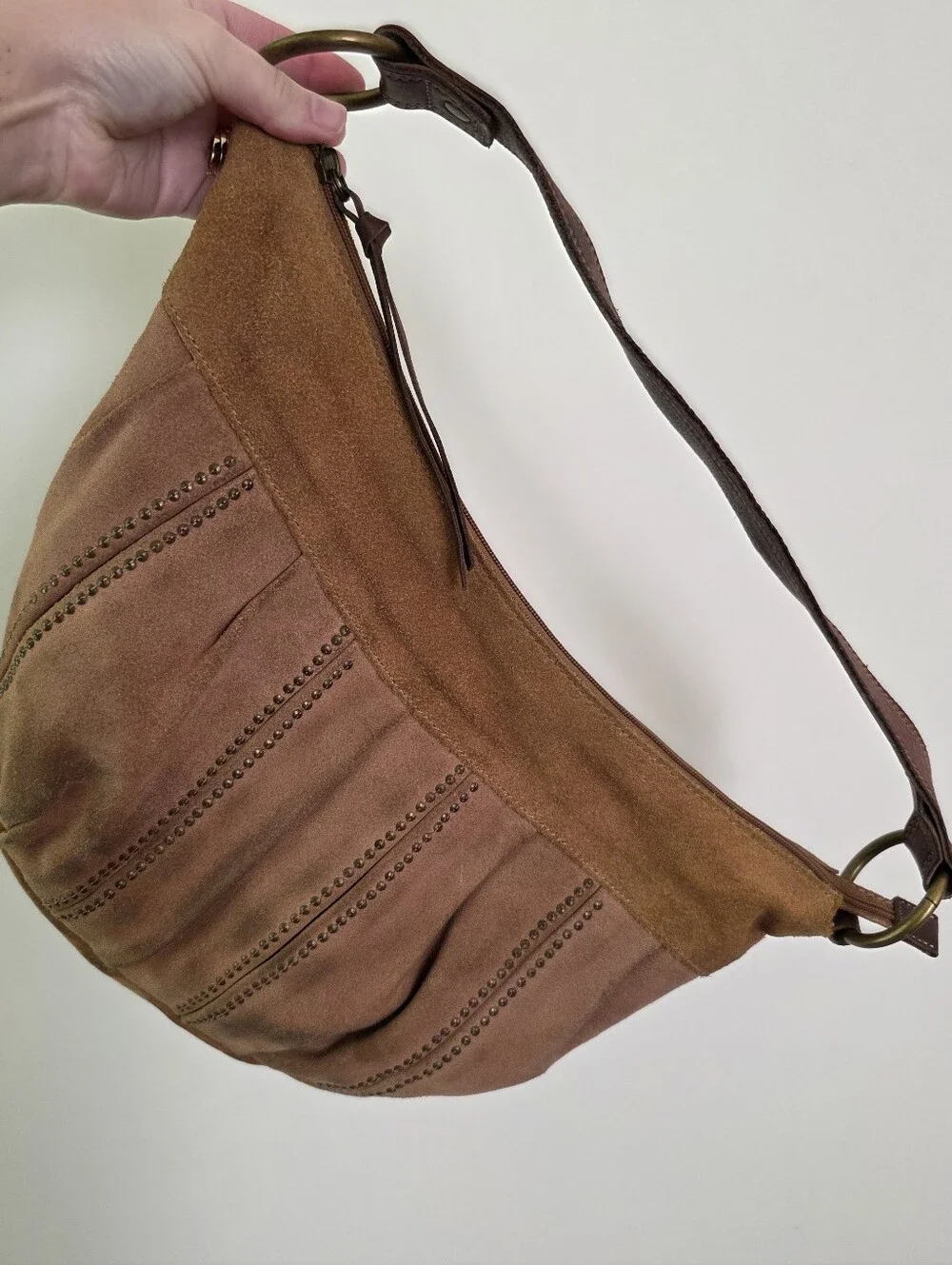 Y2k Fossil Suede Leather Cresent Hobo Bag Studded Boho Festival Western Chic